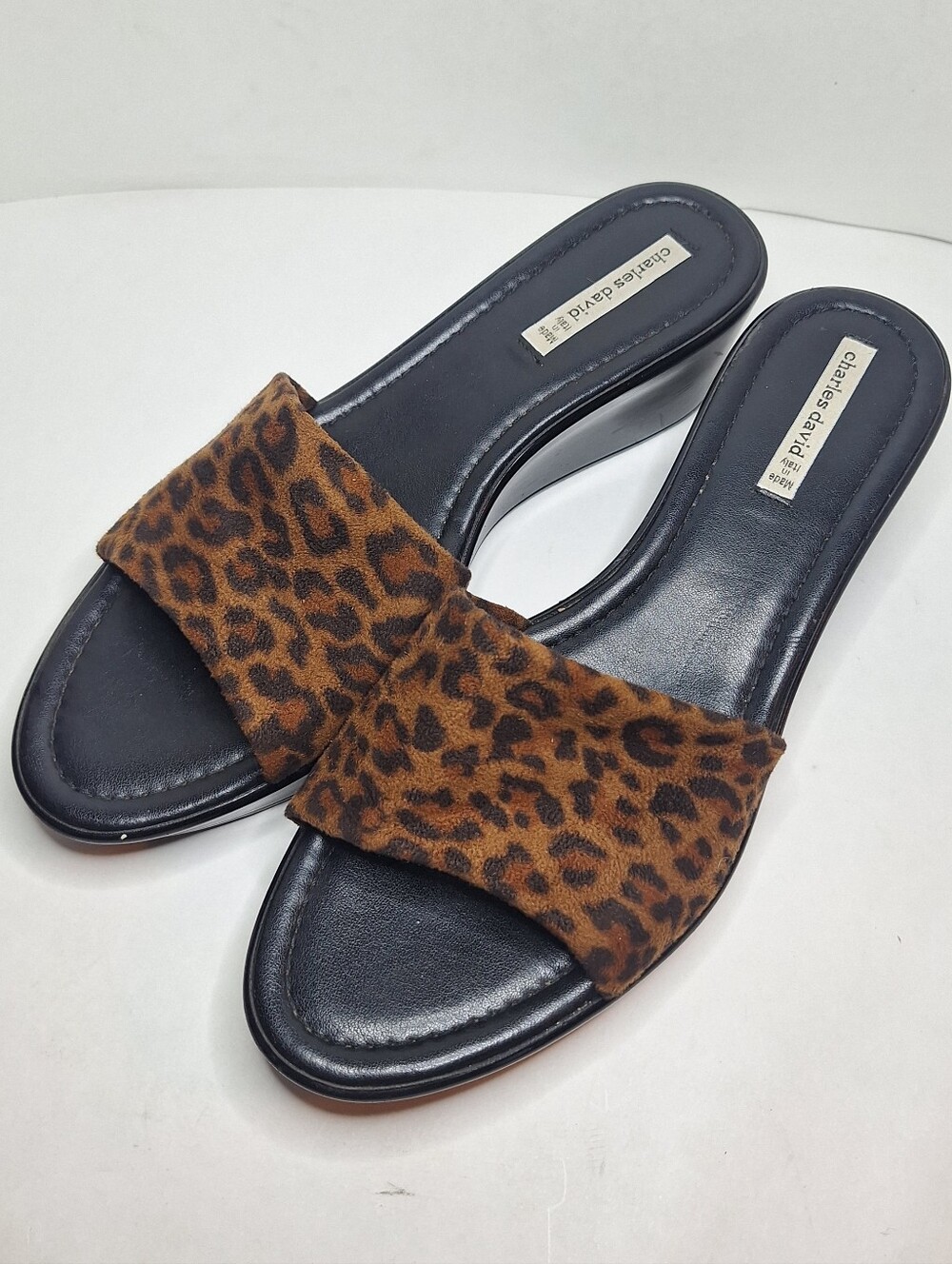 Charles David Sandals Womens 9 Leopard Print Slip On Heeled Slide Black Brown